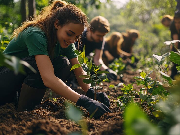 Volunteers planting trees together