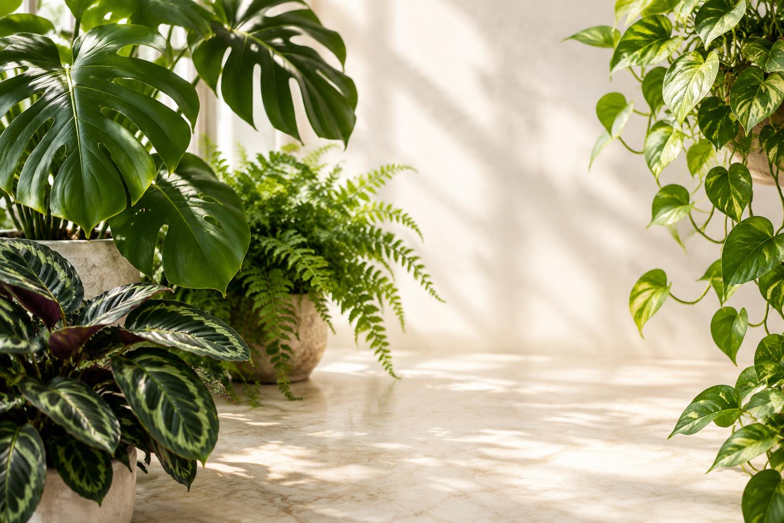 A sunlit collection of thriving green houseplants