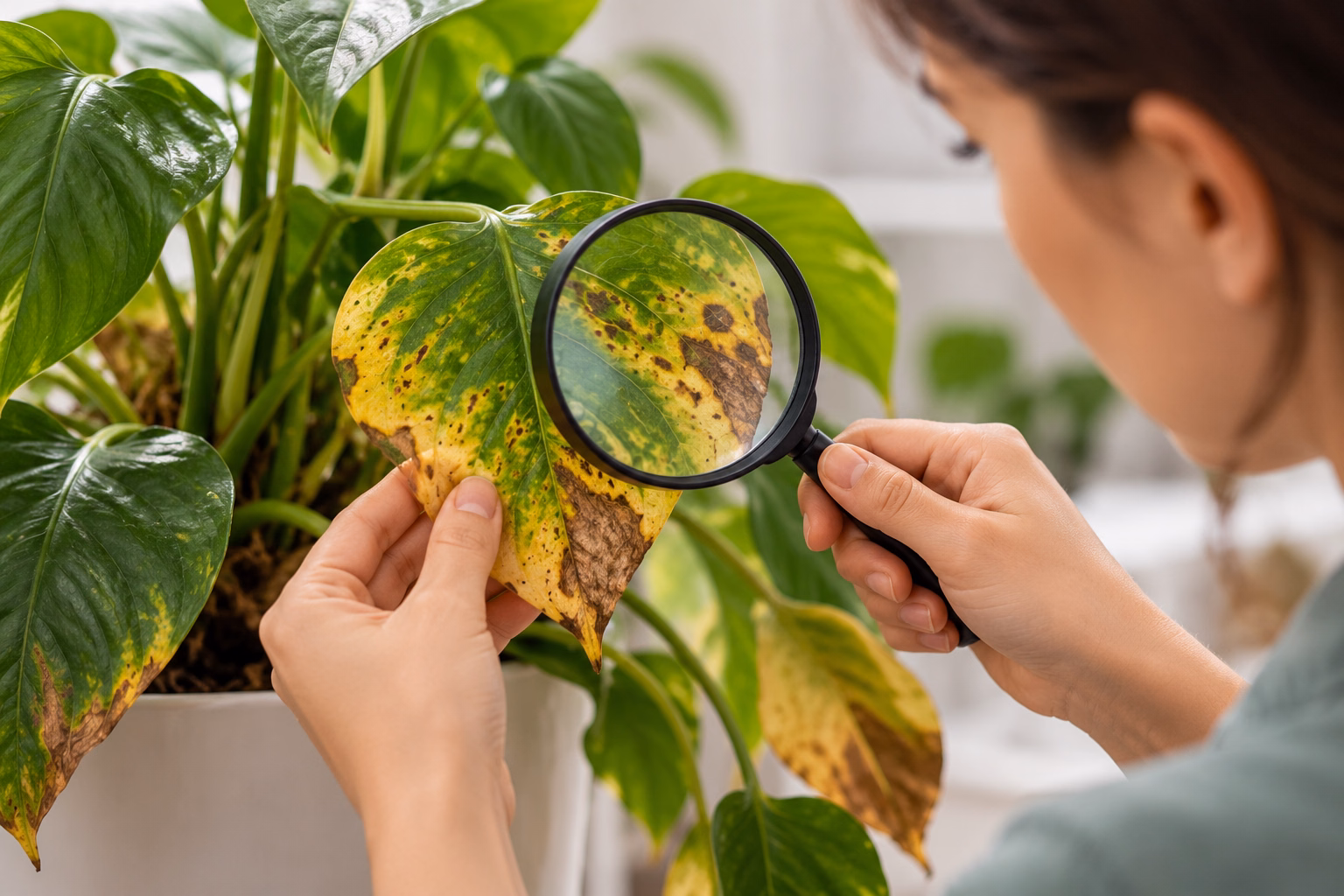 A plant leaf being examined for signs of disease